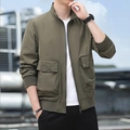 Army green military style cargo jacket with stand collar and large utility pockets - M / Army Green