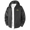 Chaqueta negra de exterior impermeable con capucha y bordado amarillo en fondo blanco - S / Gris