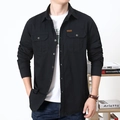 Men's black long sleeve casual shirt with buttoned flap pockets and a leather patch detail - Black