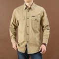Men's khaki long-sleeve cotton cargo shirt with buttoned flap pockets and a relaxed fit - Khaki