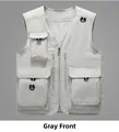 Detailed front view of light grey outdoor vest with multi-pockets and breathable mesh - M / Gray
