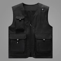 Men's casual black multi-pocket cargo vest with V-neck and breathable mesh lining - M / Black