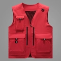 Men's outdoor utility vest in red with multiple pockets and V-neck zipper closure - M / Red