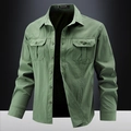 Men's long sleeve military green cargo shirt with tactical flap pockets and durable fabric - M / Army Green