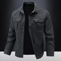 Men's dark charcoal grey outdoor long-sleeve shirt with double chest button pockets - M / Black