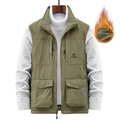 Men's green fleece lined outdoor vest with multiple utility pockets and stand collar - M / Khaki