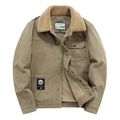 Men's khaki corduroy jacket with thick faux shearling lining and outdoor workwear style - M / Khaki