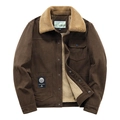 Men's dark brown corduroy work jacket with warm faux shearling collar and padded lining - M / Coffee