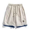 Pantaloncini sportivi beige da uomo con bordo blu a strati e vita elastica con coulisse - L / Beige