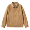 Men's khaki faux suede work jacket featuring contrasting white stitching and metal buttons - M / Caramel color