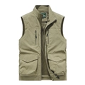Men's khaki multi-pocket outdoor vest with mesh lining and stand collar design - Khaki