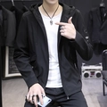 Men's stylish black hooded slim fit casual jacket with drawstring and sleeve detail - M / Black