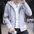 Men's slim fit hooded jacket in light grey featuring a minimalist casual windbreaker style - M / Gray