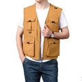 Men's multi-pocket fishing vest in mustard yellow, outdoor utility tactical style vest - M / Caramel