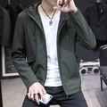 Slim fit men's hooded casual jacket in dark green with drawstring and flap pockets - M / Army Green