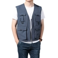 Blue grey multi-pocket tactical fishing vest with V-neck zipper for outdoor activity - M / Gray
