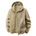 Men's khaki hooded ultra-thin sun protection jacket with orange zip pockets - M / Khaki