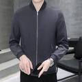 Men's slim fit casual jacket in dark grey blue with stand collar and chest print - M / Gray
