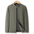 Men's olive green stand collar jacket with front zipper and chest embroidery - M / Khaki