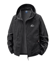 Men's black UV protection sun shirt with hood and adventure chest graphic print - M / Black
