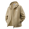 Lightweight khaki sun protection jacket with hood and outdoor adventure logo print - M / Khaki