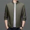 Men's casual stand collar jacket in grey-green with textured fabric and zip pockets - M / Khaki