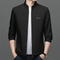 Men's casual black jacket with stand collar and zipper closure with logo chest detail - M / Black