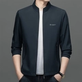 Men's slim-fit dark grey casual jacket with stand collar and textured fabric detail - M / Royal Blue