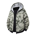 Men's hooded camouflage jacket with feather print and grey-green tactical styling - S / Khaki