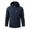 Men's dark blue outdoor windbreaker jacket with hooded waterproof fabric and zip pocket - M / Blue