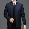 Men's navy blue casual business jacket with stand collar and small embroidered logo - M / Dark Green