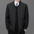 Classic black men's business casual jacket with a stand collar and zipped front design - M / Black