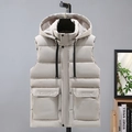 Gilet beige con cappuccio da uomo con grandi tasche e coulisse sul collo alto - L / Bianco Sporco