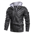 Men's black vintage PU leather biker jacket with a grey detachable knitted hood - S / Gray