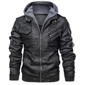 Men's vintage black faux leather biker jacket with grey removable hood and multi-pocket design - S / Black