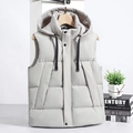 Gilet sans manches gris clair à capuche pour homme avec fermeture éclair et pressions - L / Blanc Cassé