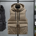 Men's khaki hooded puffer vest with utility cargo pockets and drawstring detail - M / Khaki