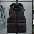 Men's hooded padded vest in black and grey-blue with quilted texture and large pockets - M / Black