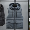 Men's hooded quilted vest in light grey featuring utility pockets and drawstring hood - M / Gray