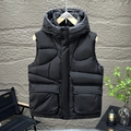 Men's black hooded puffer vest with detachable hood and windproof matte finish - L / Black