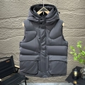 Men's dark grey hooded puffer vest featuring thick quilted insulation and cargo pockets - L / Gray