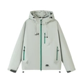 Light gray outdoor hooded jacket with contrasting green zippers and waterproof fabric - S / Mint Green