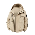 Men's khaki waterproof outdoor windbreaker jacket with hooded design and utility pockets - S / Khaki