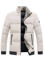 Men's cream puffer jacket with stand collar, camouflage trim, and orange zipper details - M / White