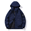 Men's navy blue hooded windbreaker jacket with cargo pockets and sleeve patch badge - S / Knight Blue