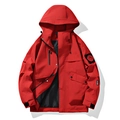 Red outdoor tactical jacket for men with adjustable hood and mountain embroidery patch - S / Flame Red