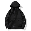 Men's outdoor hooded jacket in solid black featuring embroidered patches and cargo pockets - S / Panda Black