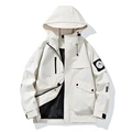 Beige men's cargo hooded jacket with color blocking and functional multi-pocket design - S / Pearl White