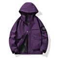 Deep purple hooded outdoor windbreaker jacket with multi-pocket design and mountain patch - S / Lavender