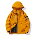 Men's bright yellow hooded cargo jacket with mountain patch and windproof design - S / Maple Leaf Yellow